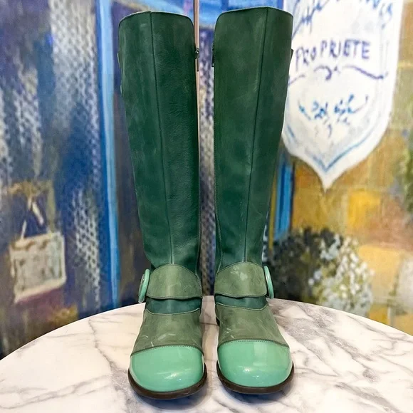 John Fluevog Fellowship Carol Tall Leather Buckle Zip Boots Green 7.5 GUC - Picture 3 of 10